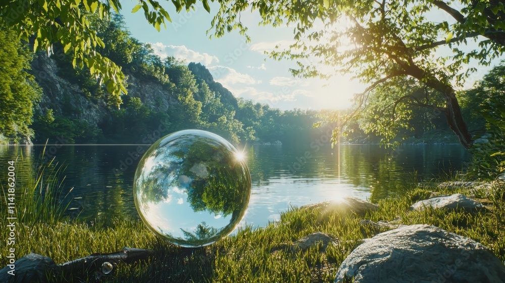 Environmental symbolism peaceful lake shore with glass earth globe nature's reflection vibrant greenery scenic viewpoint Environmental symbolism peaceful lake shore with glass earth globe nature's reflection vibrant greenery scenic viewpoint