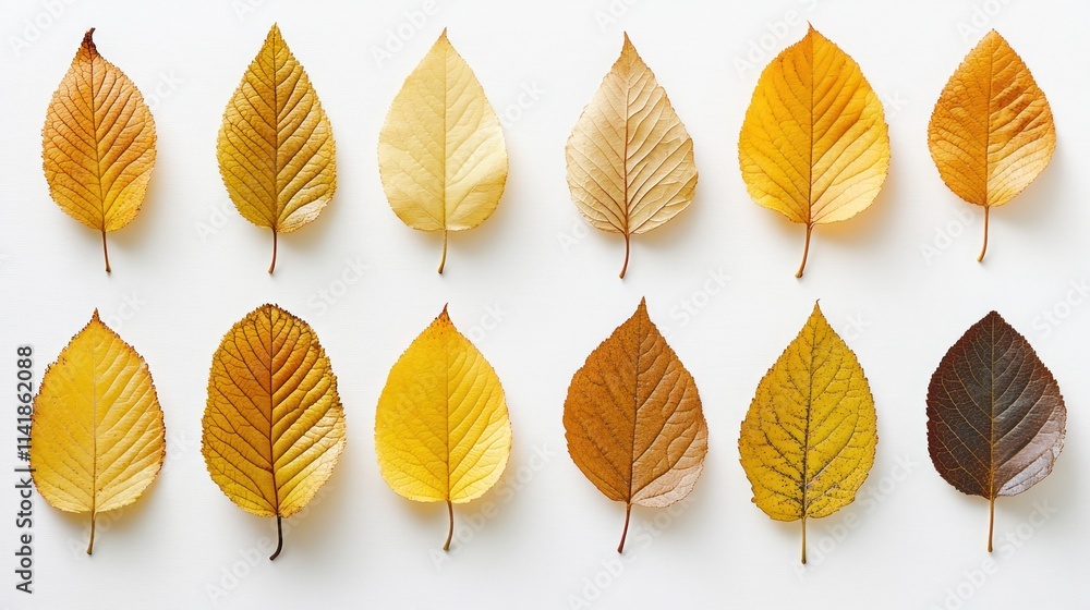 Fototapeta premium Autumn leaves in various stages of decay arranged in a grid pattern on a white surface.
