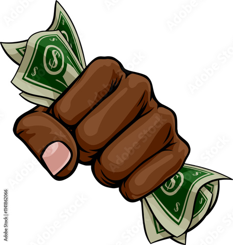A hand in a fist squeezing cash money dollar bills. In a comic book pop art cartoon illustration style