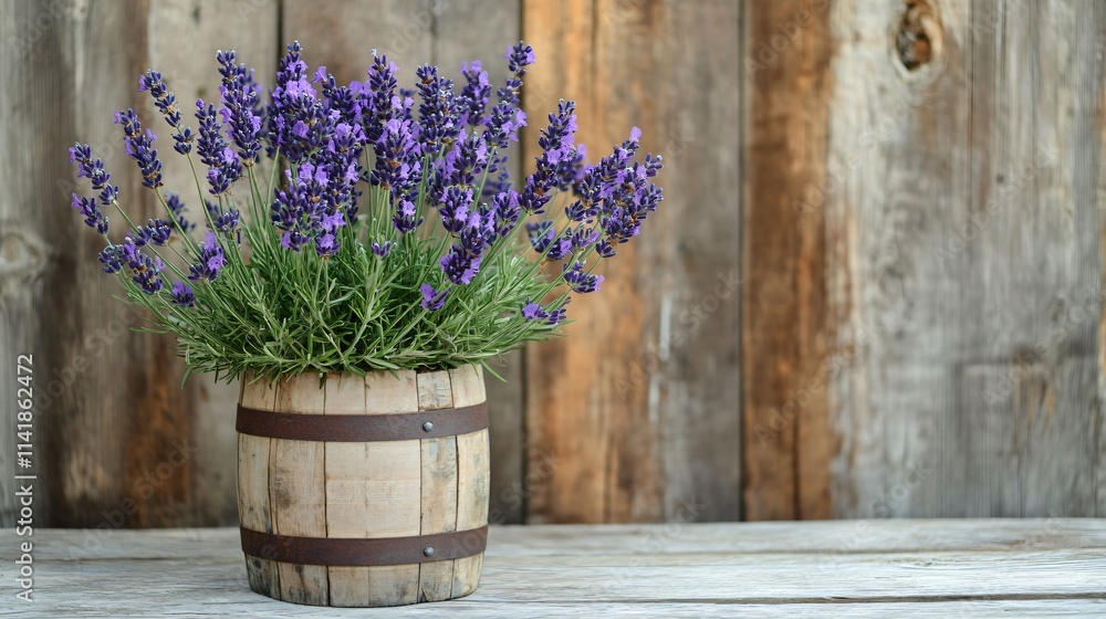 Fototapeta premium A lavender plant growing out of a cracked wooden barrel, isolated against a rustic farmyard backdrop