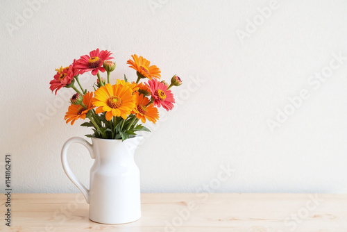 Wallpaper Mural Zinnias in ceramic pitcher on wooden surface Torontodigital.ca