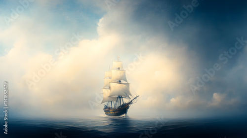 A majestic sailing ship with billowing sails on the open ocean, capturing the spirit of adventure, freedom, and exploration, perfect for themes of maritime travel, nautical history, and the beauty of  photo