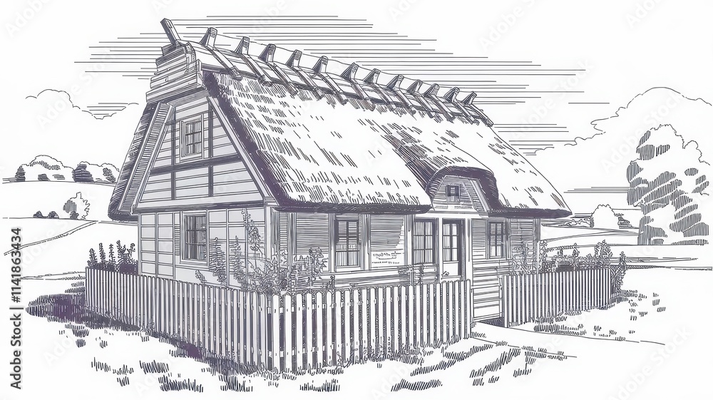 Fototapeta premium Thatched Roof Cottage in a Picturesque Rural Setting