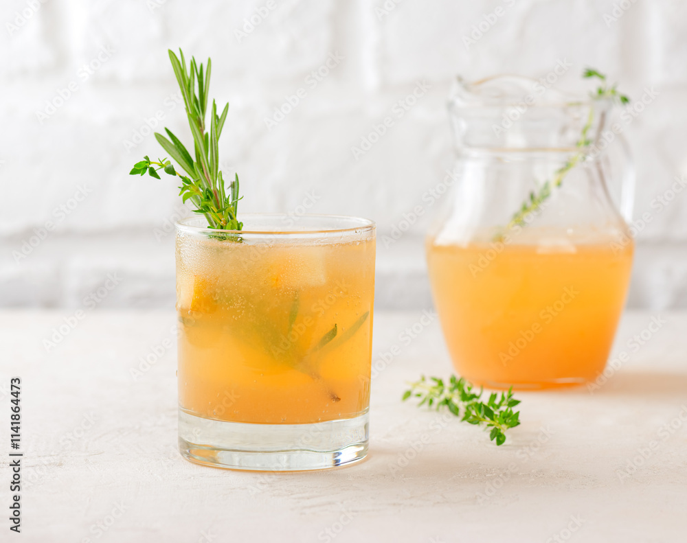 Pear drink, tea, lemonade, cocktail with lemon, rosemary, thyme and ice in a glass and jar. Healthy drink, sugar and alcohol free. Pear drink, tea, lemonade, cocktail with lemon, rosemary, thyme and ice in a glass and jar. Healthy drink, sugar and alcohol free.