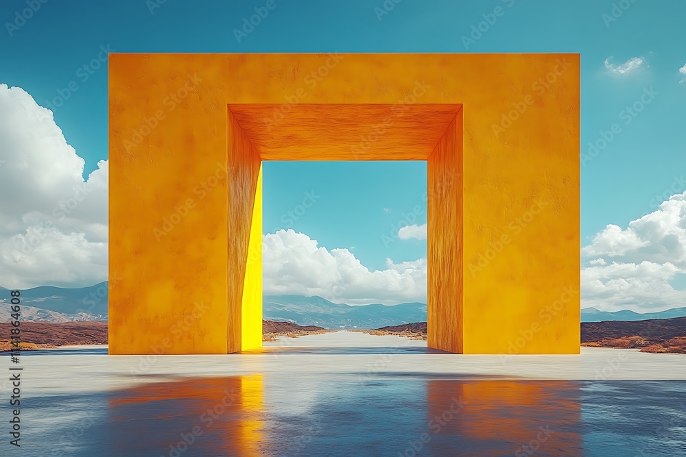 Fototapeta premium Surreal desert landscape with white clouds going into the yellow square portals on sunny day. Modern minimal abstract background