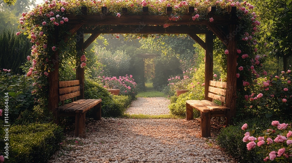 Obraz premium charming rose garden pathway beneath wooden arbor