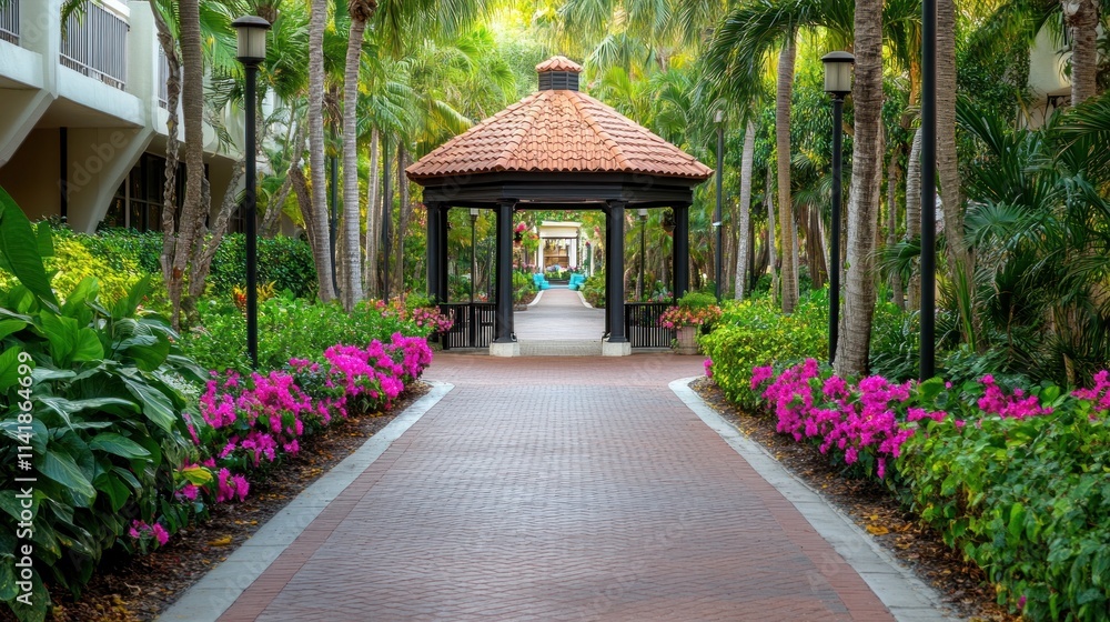 Obraz premium Brick pathway lined with vibrant flowers leads to a gazebo in a lush tropical garden.