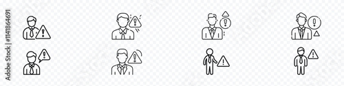 business man with warning sign, Business man icon, warning sign icon set, business risk sign, Mistake caution, business risk or problem warning,