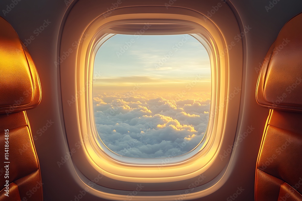 Fototapeta premium The airplane window is travelling on sky, Window view from airplane while traveling through