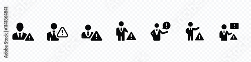 business man with warning sign, Business man icon, warning sign icon set, business risk sign, Mistake caution, business risk or problem warning,