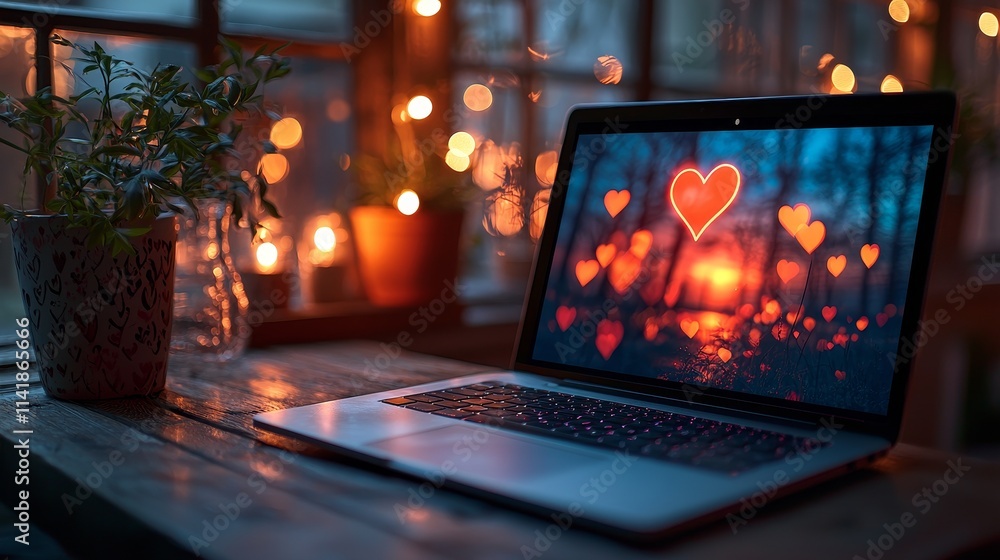 Cozy laptop with heart wallpaper and string lights Cozy laptop with heart wallpaper and string lights