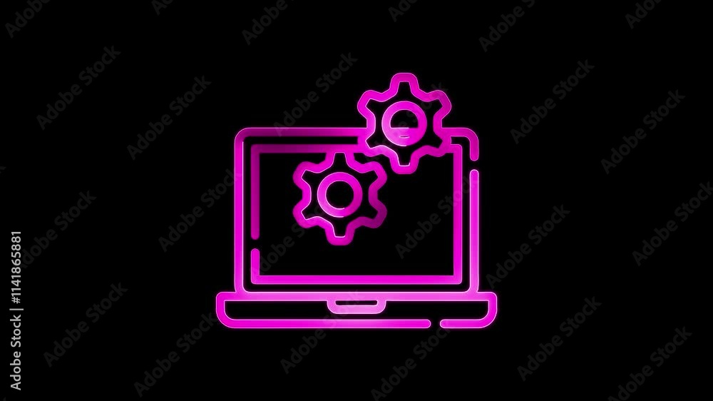 Laptop setting icon animation by pink color neon on black background. Laptop setting icon animation by pink color neon on black background.