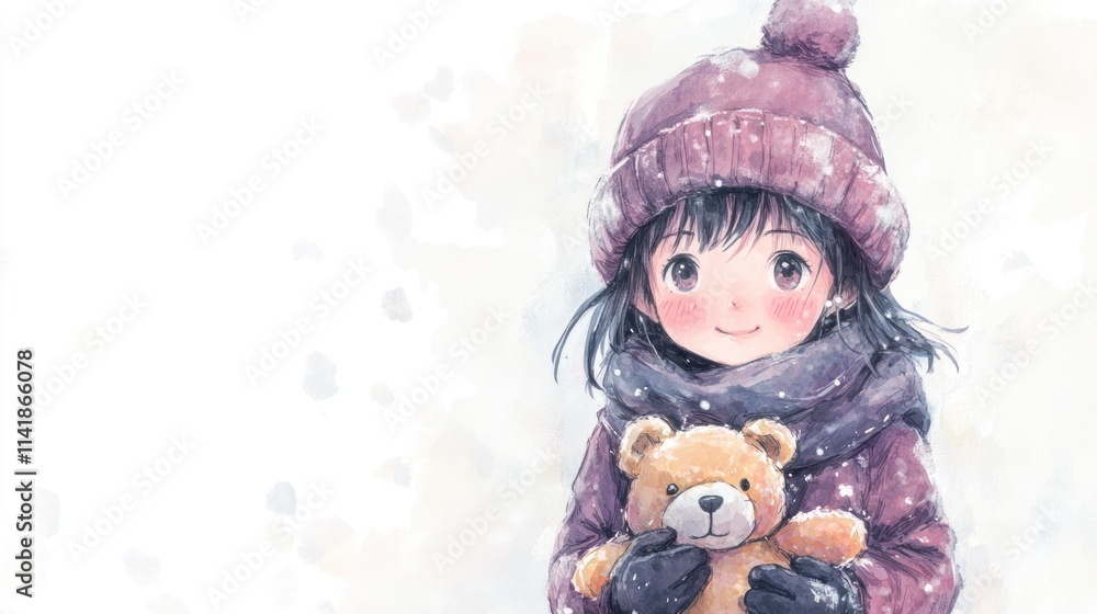 Fototapeta premium A cute girl in winter clothes hugs a teddy bear in snowy weather.