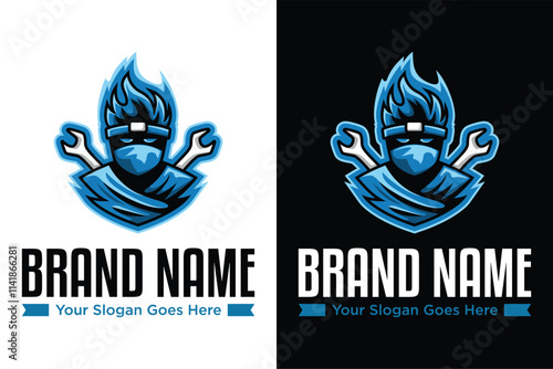 simple modern blue ninja with wrench vector illustrator logo design