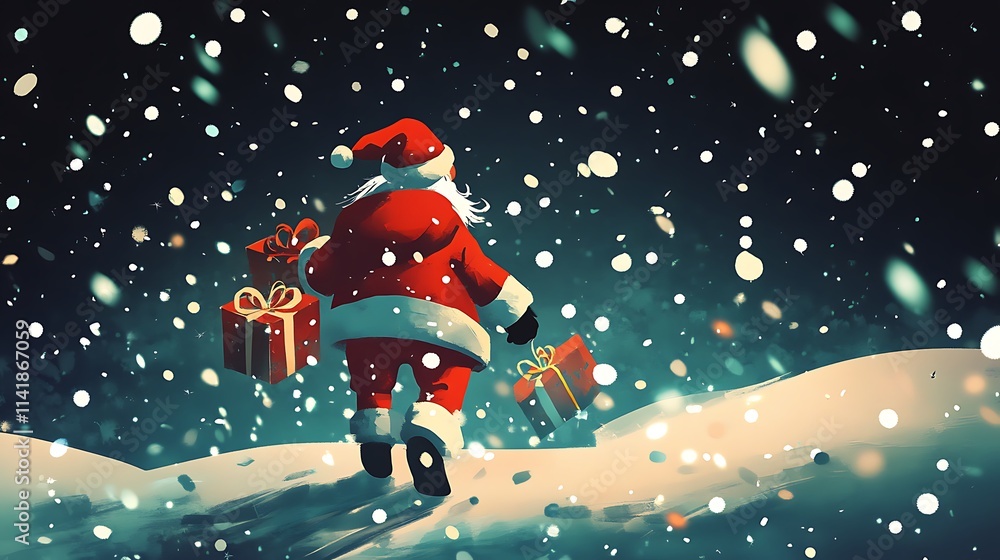 Naklejka premium Santa Claus In Red Suit With Gifts And Snowflakes Falling