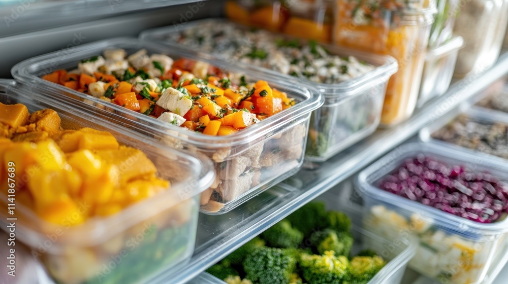 Organized refrigerator with healthy meal prepped food in clear containers. Organized refrigerator with healthy meal prepped food in clear containers.