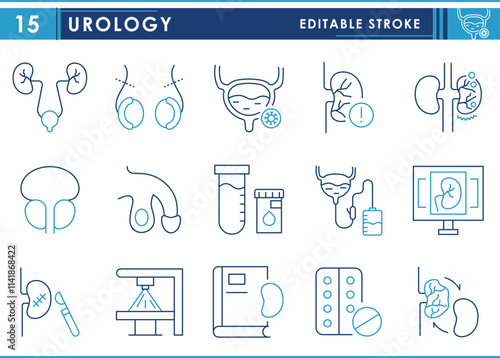 A set of line icons related to Urology. Kidneys, Bladder, Prostate Gland, Catheter, Kidney Stones