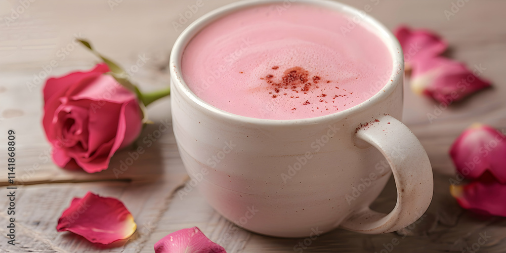Pink drink, with rose and petals on rustic wood. Pink drink, with rose and petals on rustic wood.