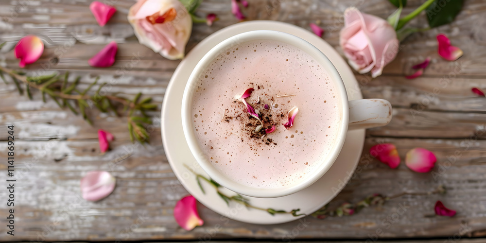 Pink drink with roses on wood. Pink drink with roses on wood.