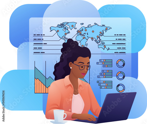 Woman business person student on laptop remote home working writing analysing website internet document infographic stats. Cartoon data analysis, financial stock market trading report finance concept.