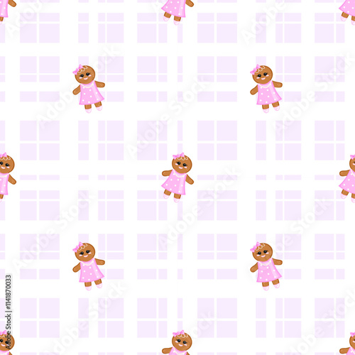 
A seamless vector pattern featuring gingerbread girl cookies in pink polka-dot dresses. The background is a pastel checkered grid, creating a playful and cozy holiday vibe.