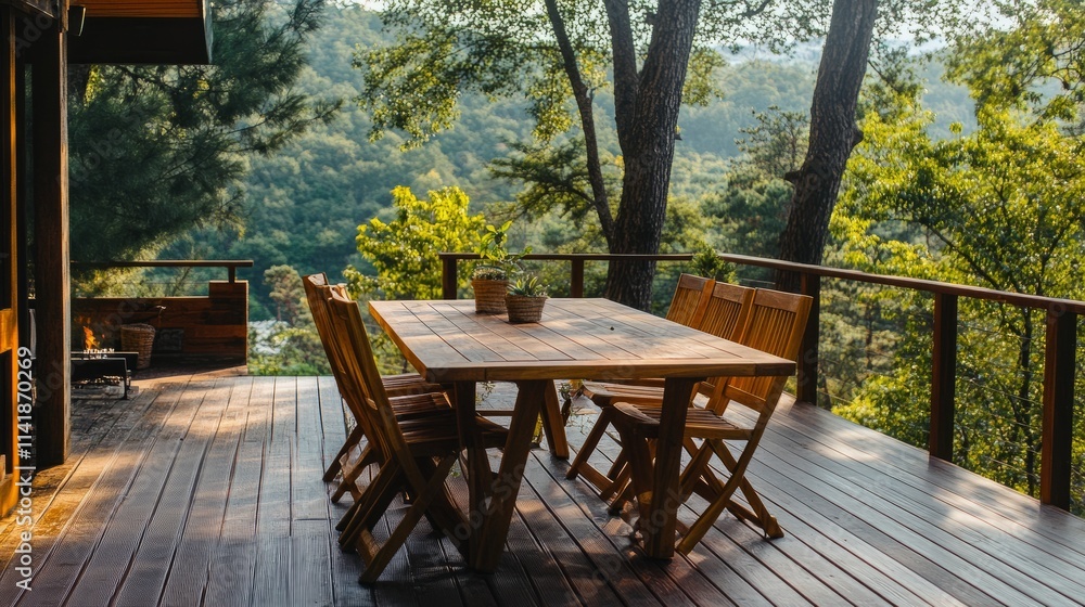 A bold, sturdy solid wood dining table and chairs on an outdoor deck, surrounded by trees and natural scenery A bold, sturdy solid wood dining table and chairs on an outdoor deck, surrounded by trees and natural scenery