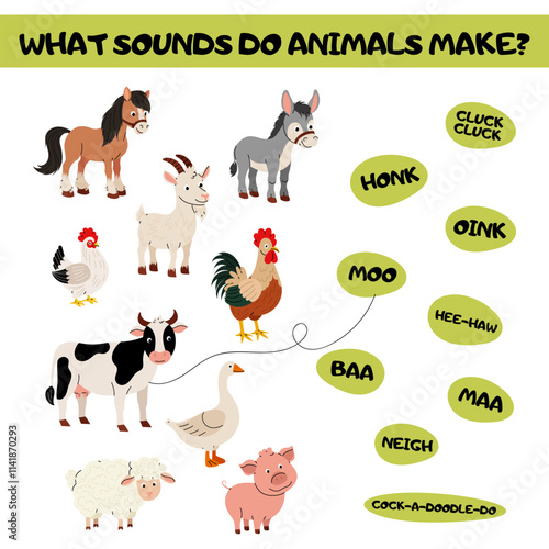 Farm animals. Game what sound do animals make. Educational task for elementary school, kindergarten, children. Domestic animal cow, goat, chicken, goose, pig and others.