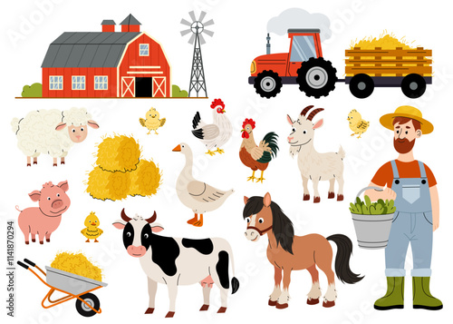 Farm. Rural life. Set of illustrations farm domestic animals cow, pig, goat, chicken, goose and others. Agricultural machinery. Dry hay, barn, farmer. Poultry yard.