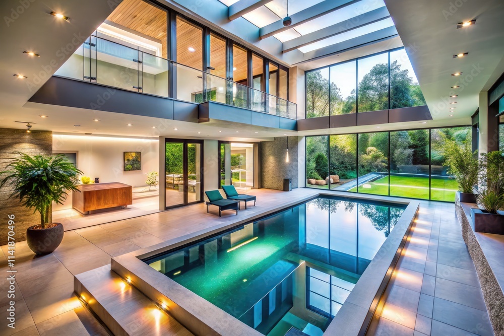 Naklejka premium Modern spa house: serene pool and fitness center create a harmonious wellness retreat.