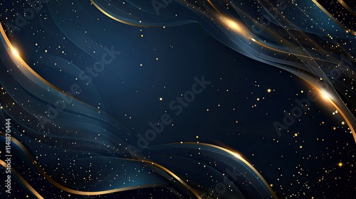 Abstract design featuring flowing lines and shimmering stars on a dark background.