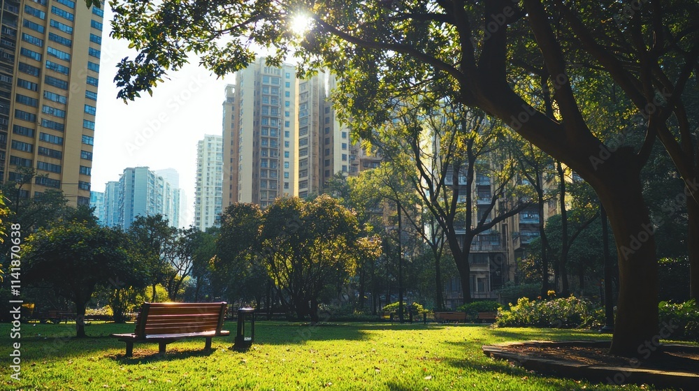 Sunlit park bench in urban green space with high-rise buildings in background. Sunlit park bench in urban green space with high-rise buildings in background.