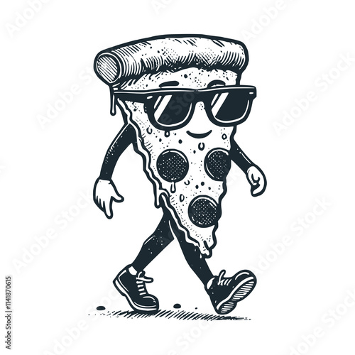 The walking piece pizza. Black white vector illustration. 