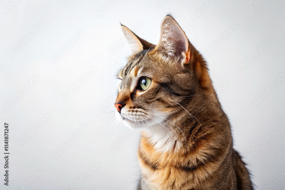 Obraz premium Pure white background isolates a feline's elegant side profile, captured in a professional studio shot.
