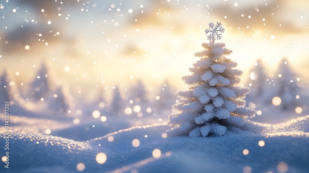 Obraz premium Winter Scene With Christmas Tree And Snowflakes In Abstract Background