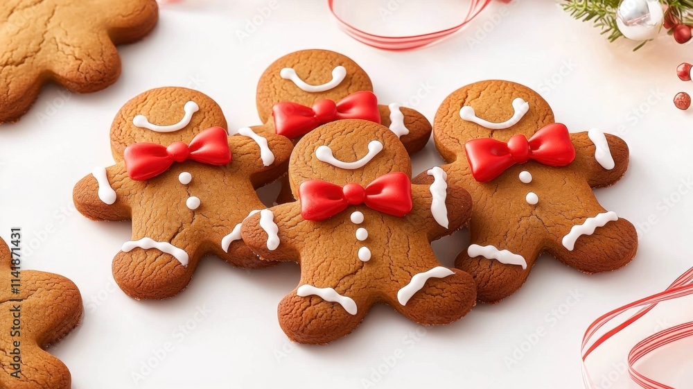 Delightful gingerbread men cookies with red bows festive kitchen food photography holiday spirit close-up sweet treats Delightful gingerbread men cookies with red bows festive kitchen food photography holiday spirit close-up sweet treats