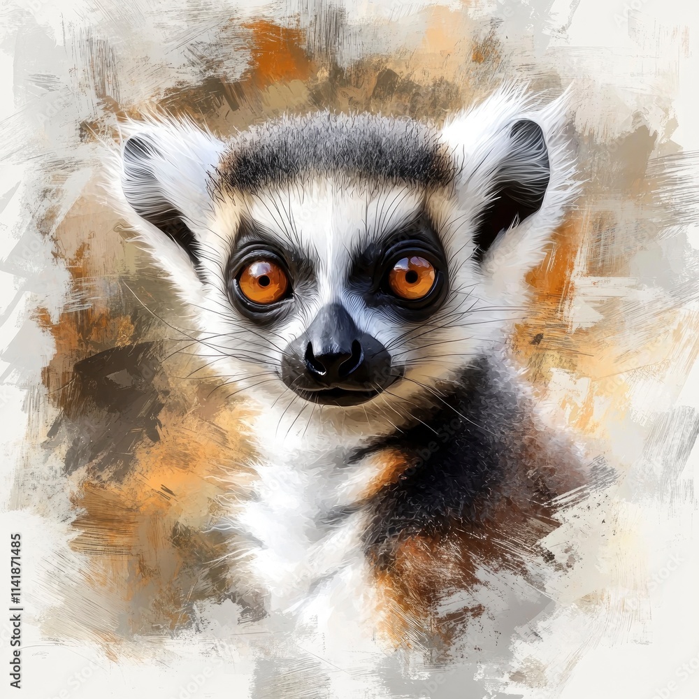 Obraz premium Oil painting of beautiful baby Ringtail lemur impressionism style, accented brush strokes and paint blobs