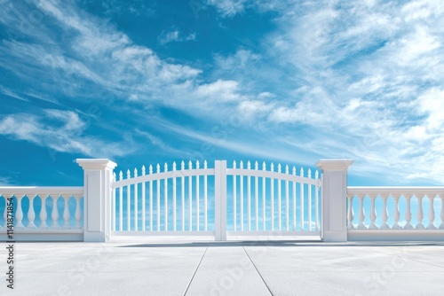 Modern white gate opening to a clear sky concrete surface architectural photography tranquil environment wide angle view