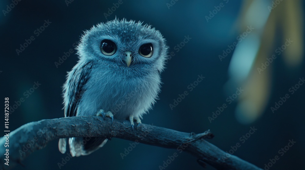 Adorable baby owl perched on a branch at night. Adorable baby owl perched on a branch at night.