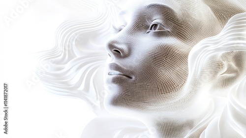 Abstract portrait of a woman's face, rendered in a digital, wireframe style, set against a flowing, white, abstract background.