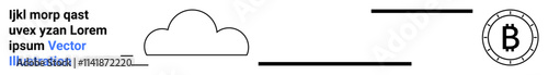 Cloud outline, horizontal lines, stylized Bitcoin symbol in a circle. Ideal for cloud computing, blockchain, cryptocurrency, digital currency, financial tech, modern computing, online transactions