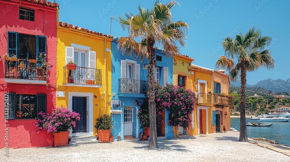 Obraz premium Colorful coastal houses with palm trees by the waterfront