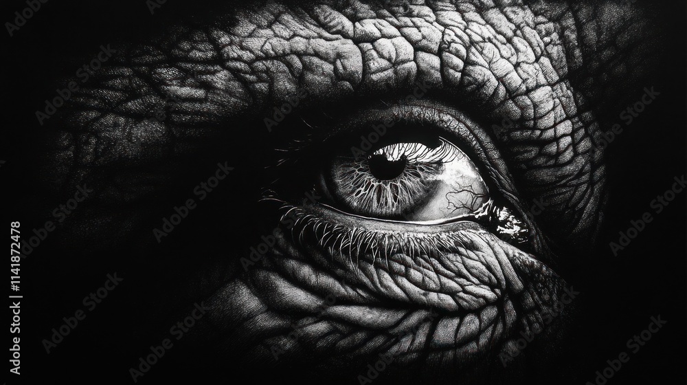 Obraz premium Close-up grayscale image of a weathered eye, showcasing detailed wrinkles and texture.