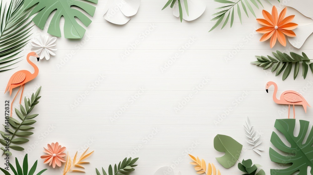 Tropical Paper Craft Background with Flamingos and Leaves Tropical Paper Craft Background with Flamingos and Leaves