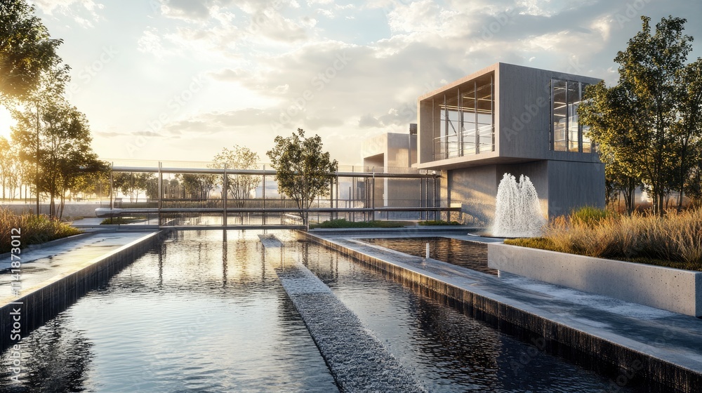 A conceptual image of an urban water treatment facility purifying water, highlighting clean water production and urban infrastructure for sustainability A conceptual image of an urban water treatment facility purifying water, highlighting clean water production and urban infrastructure for sustainability