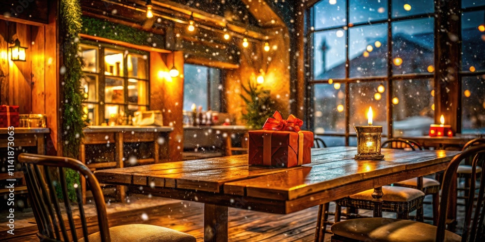 Fototapeta premium Snowy vista glimpsed through frosty panes, a rustic table bathed in warm light, candid photos of winter cheer.
