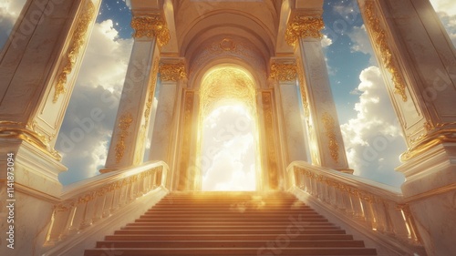 Stunning stairs to heavenly gates divine architecture dreamlike environment spiritual viewpoint