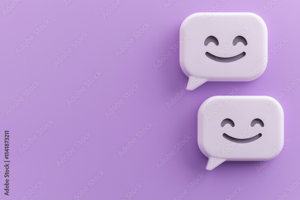 Two cute white speech bubbles with happy face emojis on a purple background Two cute white speech bubbles with happy face emojis on a purple background