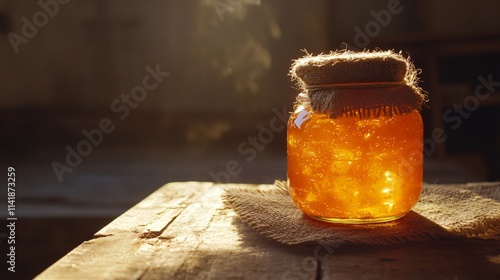 A jar of orange marmalade glowing in the sunlight, rustic textures like burlap and weathered wood surrounding it photo