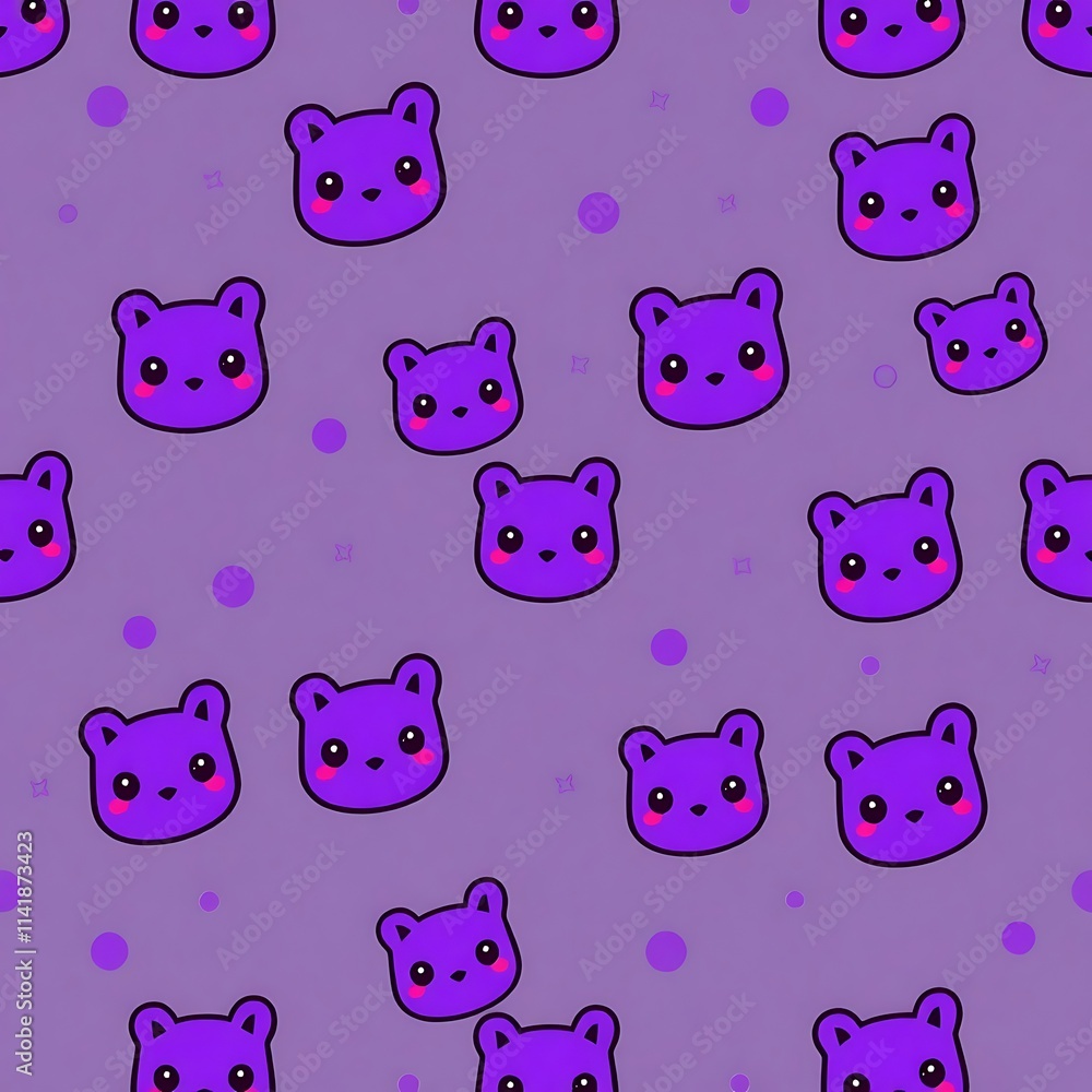 Purple Bear Seamless Pattern: Cute and playful, this seamless pattern features adorable purple bears with blushing cheeks, scattered on a soft purple background. Purple Bear Seamless Pattern: Cute and playful, this seamless pattern features adorable purple bears with blushing cheeks, scattered on a soft purple background.