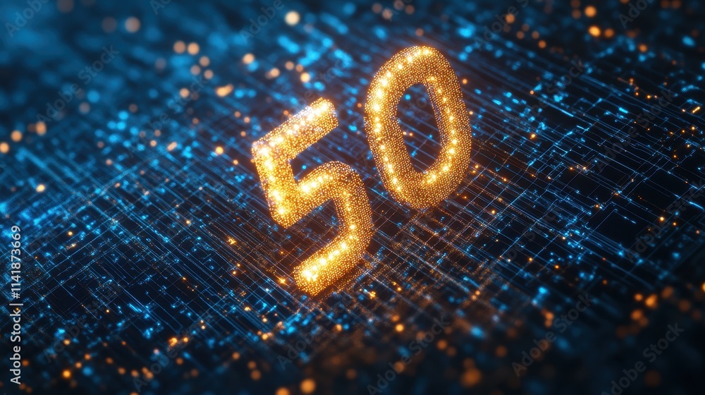 Shimmering golden number fifty on a vibrant digital background with sparkling blue lights Shimmering golden number fifty on a vibrant digital background with sparkling blue lights